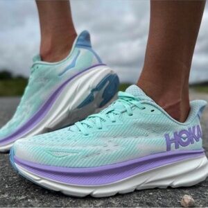 Hoka Clifton 9 Aqua and Purple Athletic Shoes